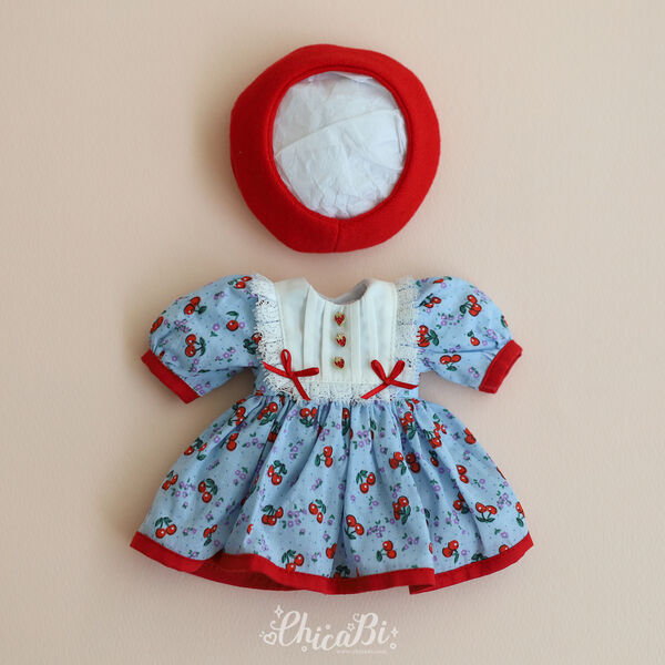 【30cm】 ChicaBi  / [Bebe]Cherry parfait-Dress（Sky blue）